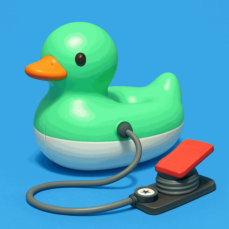 PumpDuck, a mint green inflatable pool duck with a foot pump hose plugged into its side valve